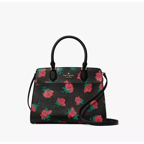 Kate Spade Textured Leather MADISON Roses Print Black Satchel Shoulder Bag NWT - Picture 1 of 12